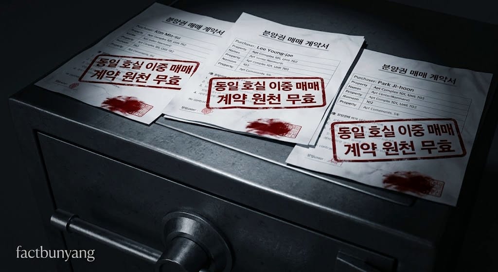 매수자 성명만 상이하고 동호수가 일치하는 세 장의 위조 분양 계약서 서류를 대조하며 분양권 이중계약 권리실효를 확인하는 전경
