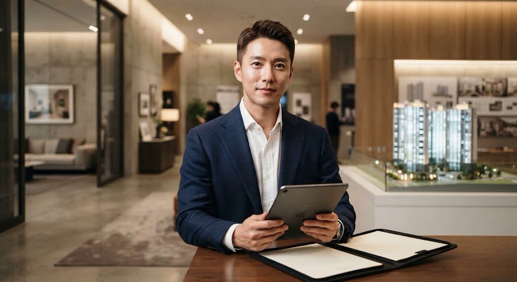 부부 중복 청약 신청 서류와 1순위 청약 자격 요건을 대조하며 검토하는 남성