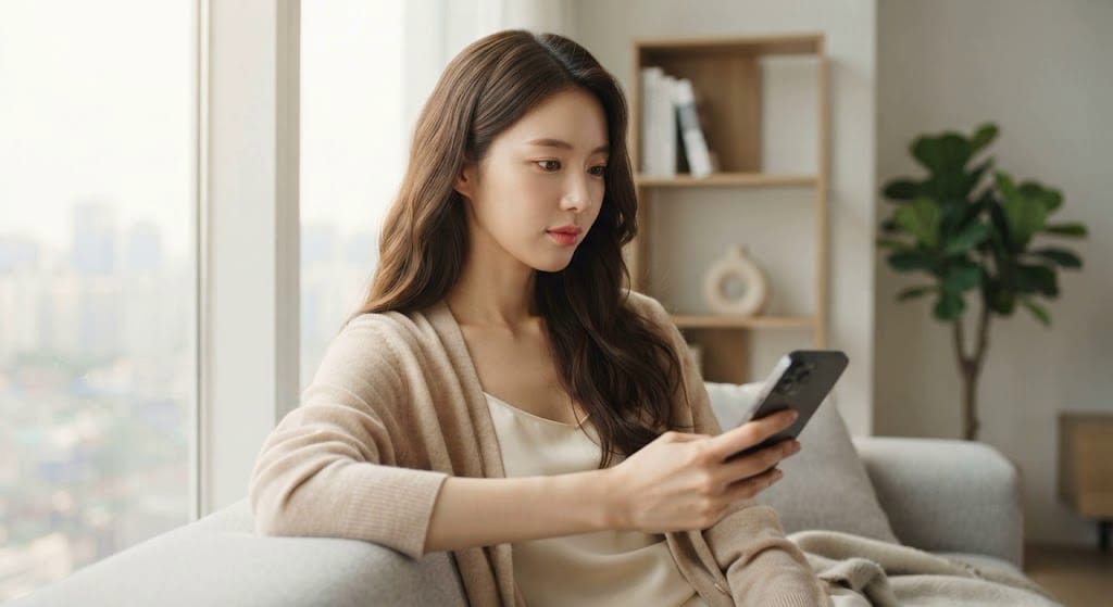 부부 중복 청약 당첨 결과를 스마트폰으로 확인하며 부적격 판정 여부를 고심하는 여성