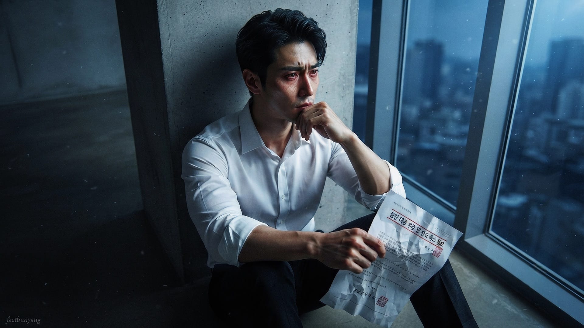 아파트 잔금 대출 부결 통보를 받고 입주장 연체의 두려움에 고뇌하는 잘생긴 남성