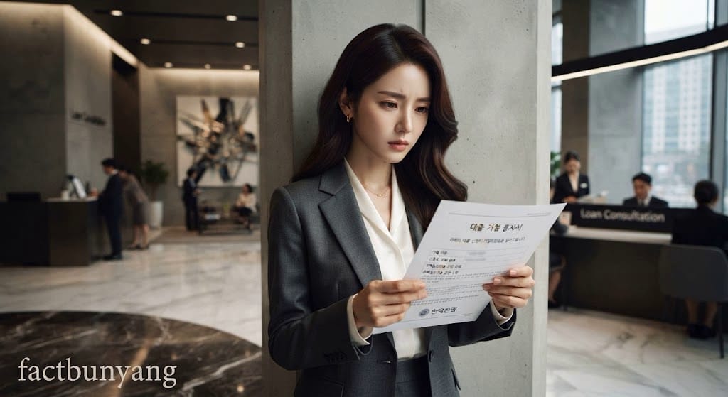 중도금 대출 거절 통지서를 확인하며 보증 한도 초과 리스크를 고심하는 여성