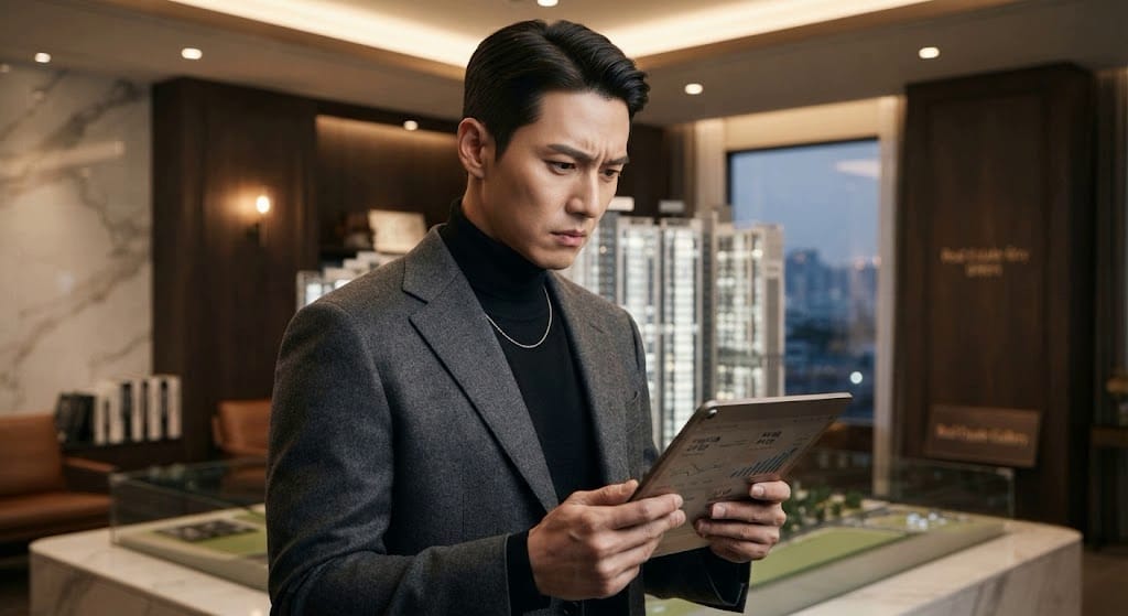분양권 공동명의 변경에 따른 프리미엄 감정평가액 기준을 검토하는 남성