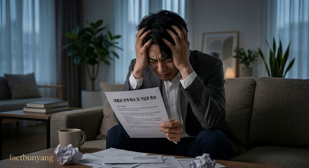 분양권 명의대여 후 대행사가 잠적하여 수억 원의 대출금 회수 통보를 받고 절망하는 모습