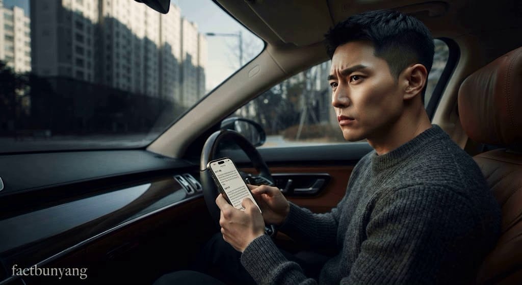 일조권 침해 판례와 시가 하락 감정평가 수치를 차 안에서 검토하는 남성