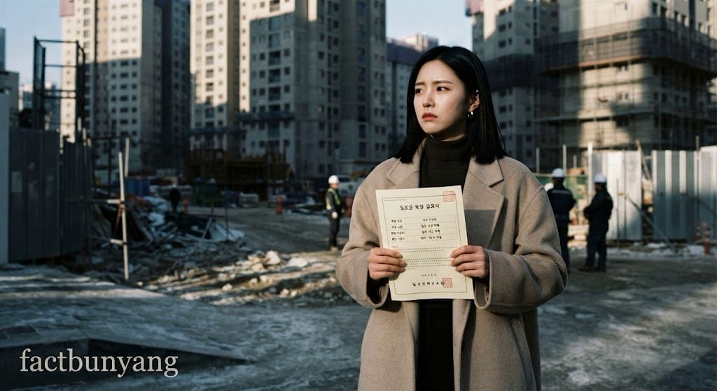 일조권 침해 측정 보고서를 들고 아파트 신축 현장의 그림자 피해를 고심하는 여성