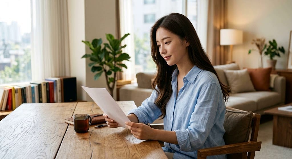 무주택 세대 구성원 자격 요건을 주민등록등본 서류와 대조하며 확인하는 20대 여성