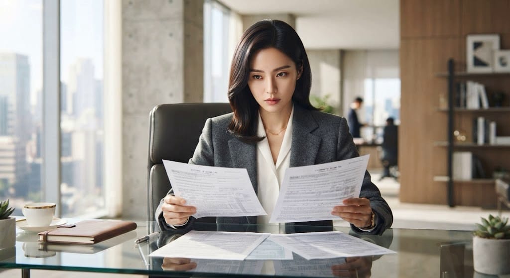 신혼부부 특별공급 소득 기준 초과 여부를 건강보험 자격득실확인서와 대조하며 확인하는 20대 여성