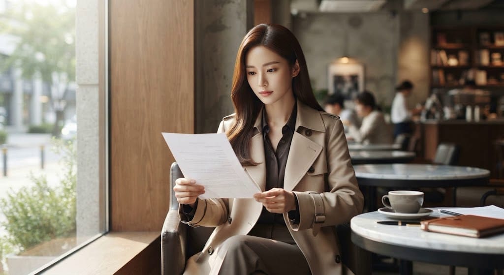 예비당첨자 추첨 순번 서류를 확인하며 동호수 배정 여부를 검토하는 20대 여성