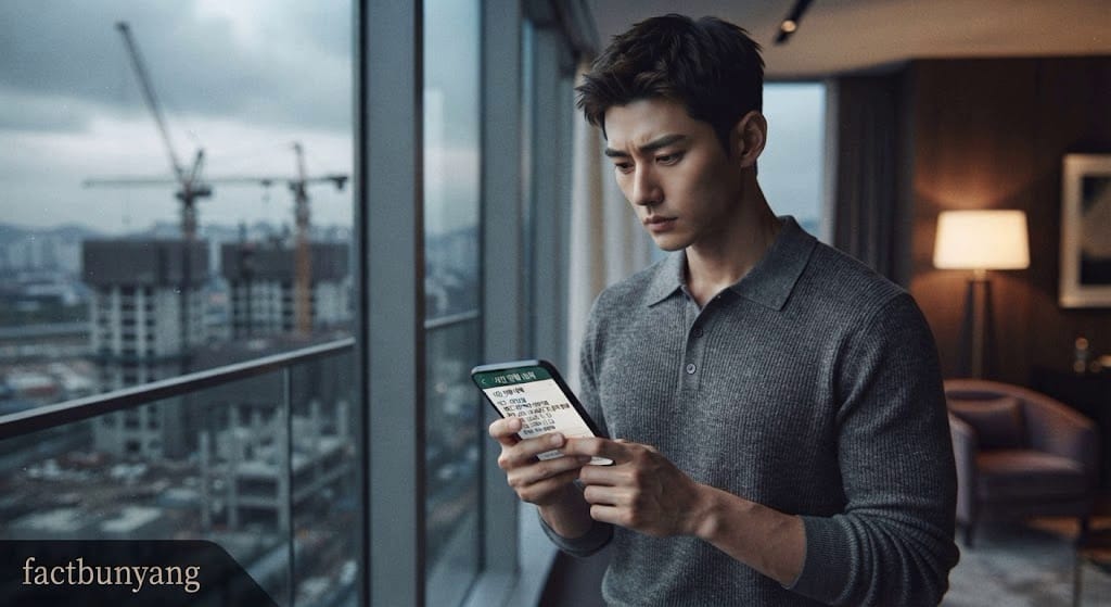 공사 중단 현장을 배경으로 시행사 파산에 따른 분양대금 반환 지표를 확인하는 남성