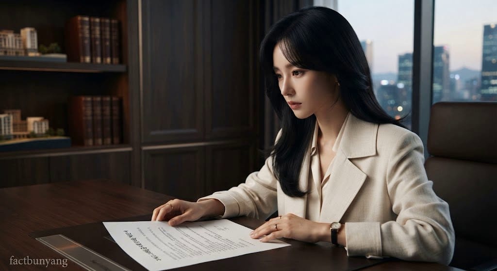 공적 보증 약관을 검토하며 부도 단지의 분양대금 반환 요건을 고심하는 여성